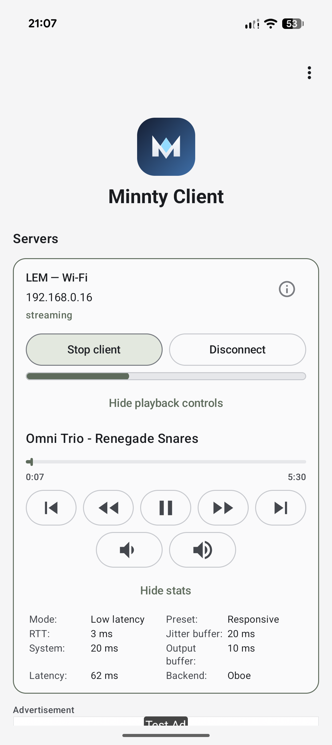 Minnty Sound Android app playing a stream, showing playback controls and connection stats.