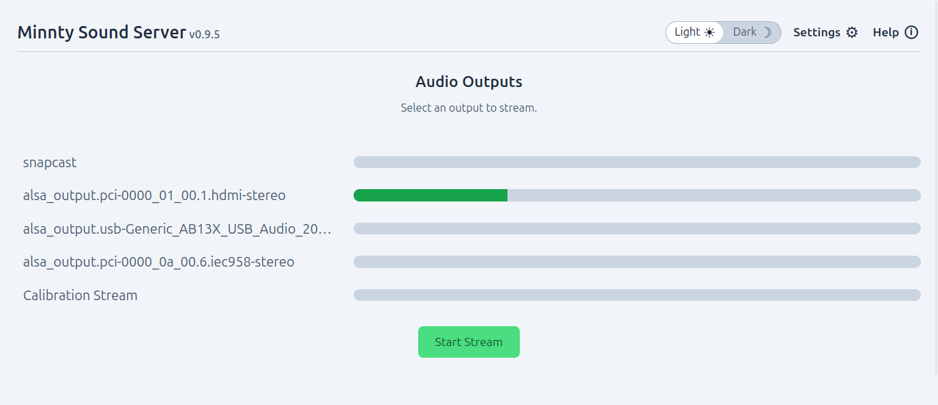Minnty Sound Server running on a PC, listing audio outputs to stream.