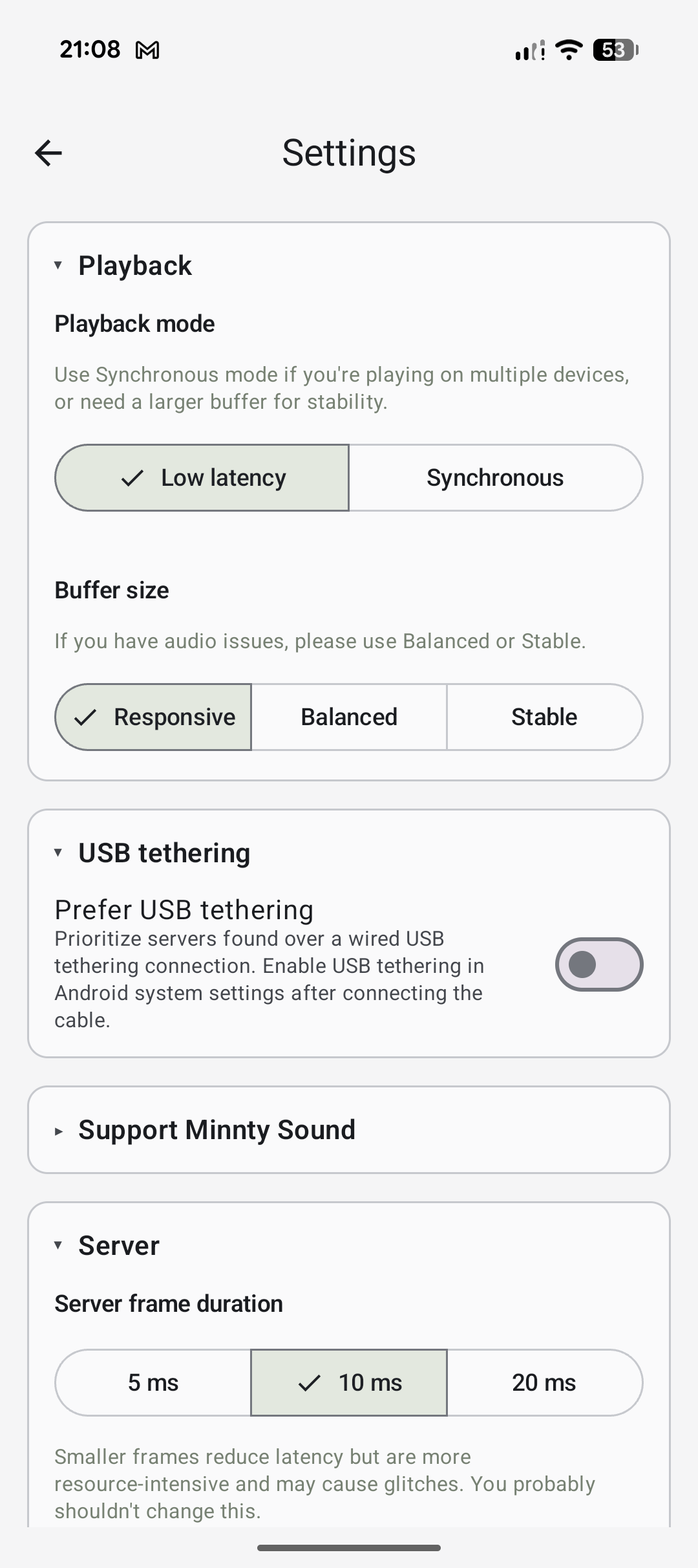 Minnty Sound settings: playback mode, buffer size, and USB tethering options.