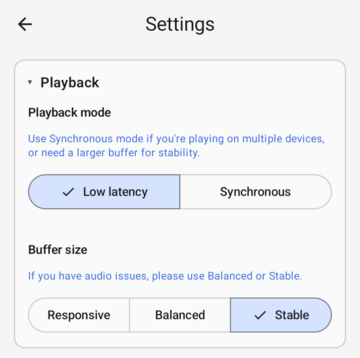 Android playback settings with mode and buffer options