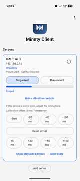 Connected server row with timing status and calibration controls